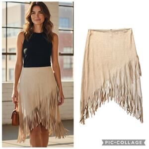 ELAN Tan Microsuede Fringe Skirt Size M Side Zip
